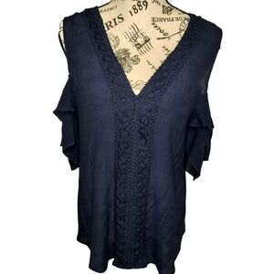PerSeption Concept Navy Blue Crochet Lace Cold Shoulder Ruffle Blouse Size Large